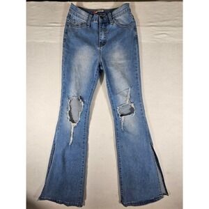 Vibe & Rant Womens Distressed High Rise Flare Jeans Side Slit Blue Size 5 W27